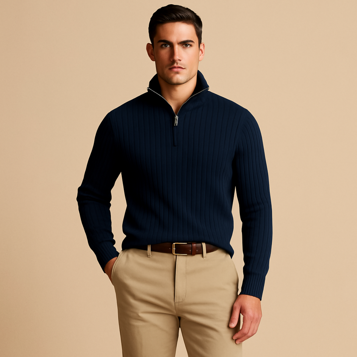 Men's Ribbed Knit Sweater with Half Zip Collar | R&B