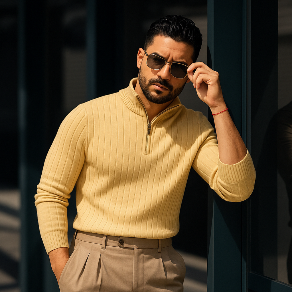 Men's Ribbed Knit Sweater with Half Zip Collar | R&B