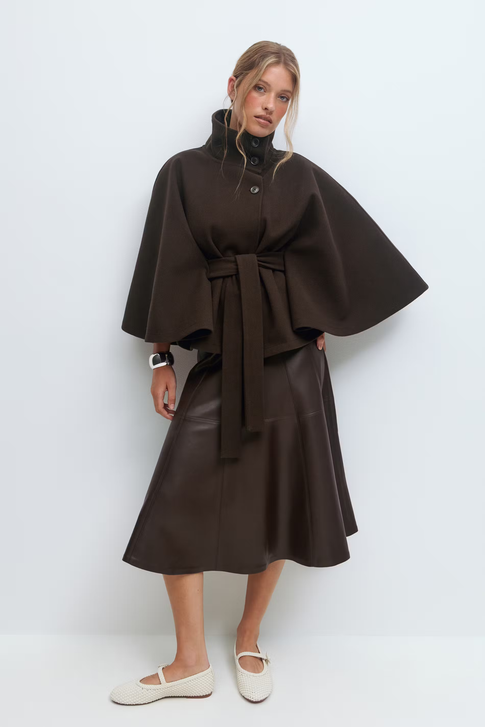 Women's Belted Cape Coat with Stand Collar | R&B