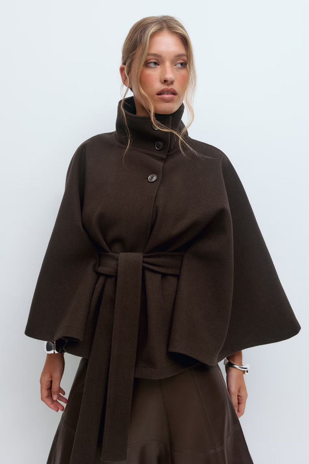 Women's Belted Cape Coat with Stand Collar | R&B