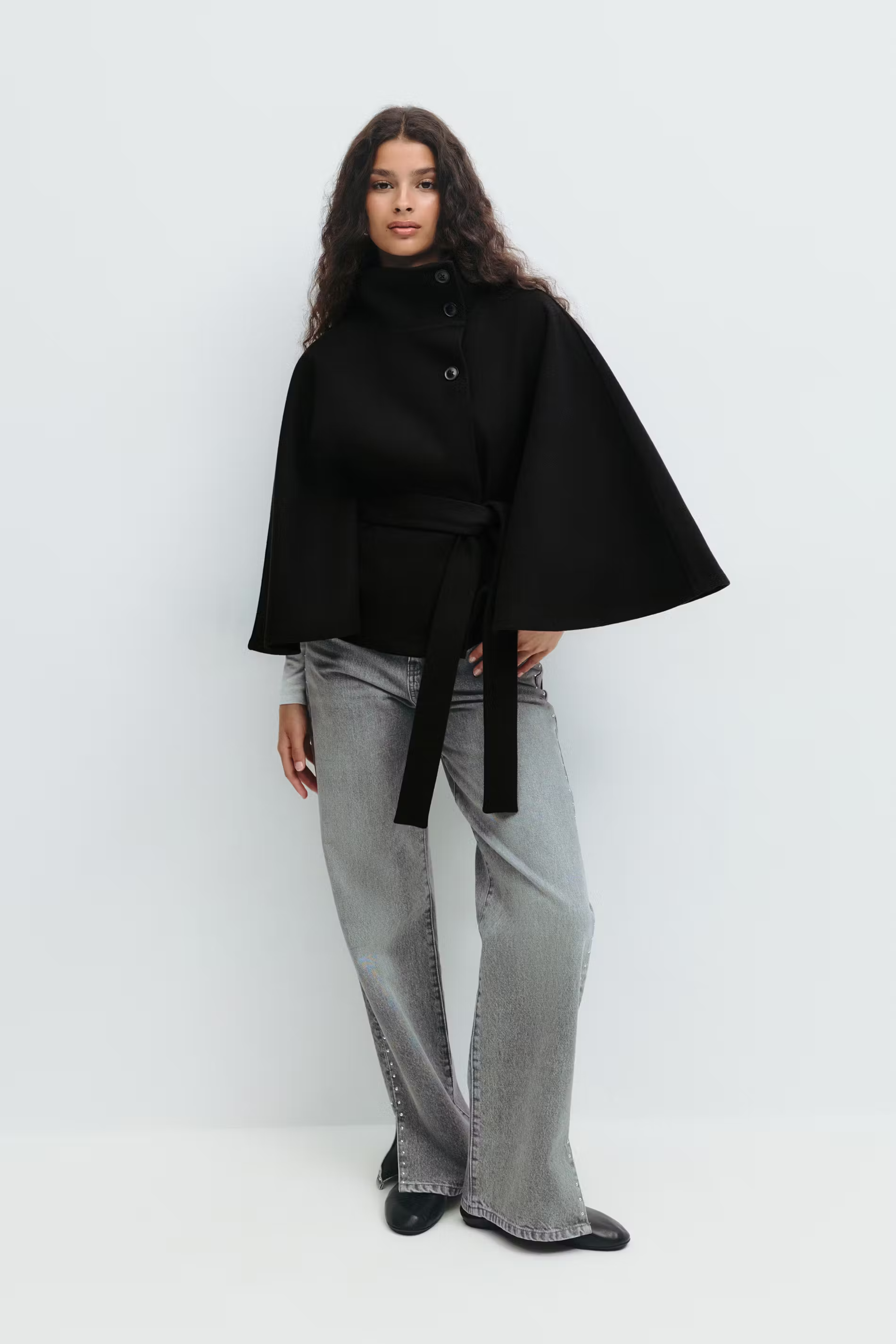 Women's Belted Cape Coat with Stand Collar | R&B