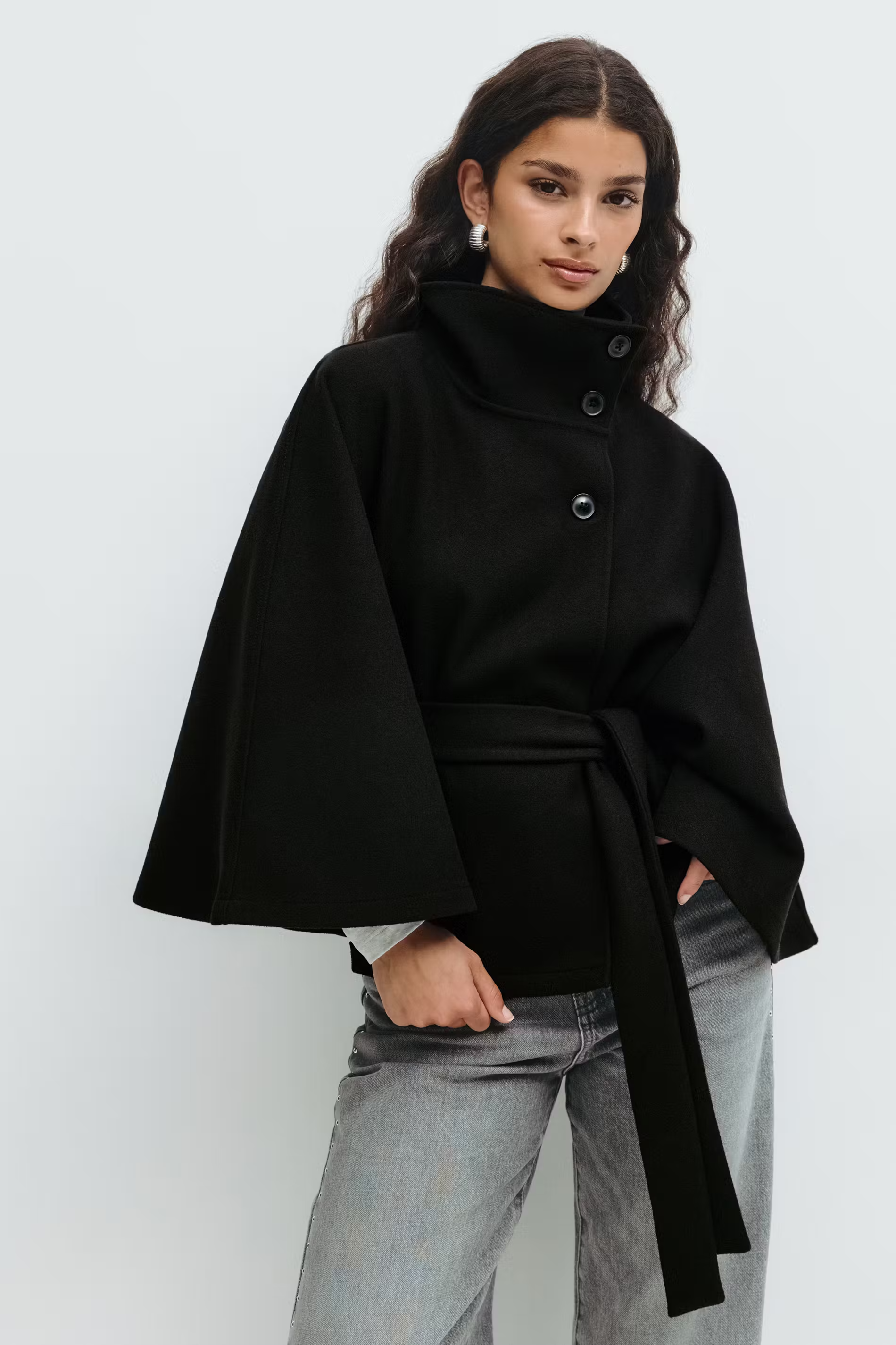 Women's Belted Cape Coat with Stand Collar | R&B