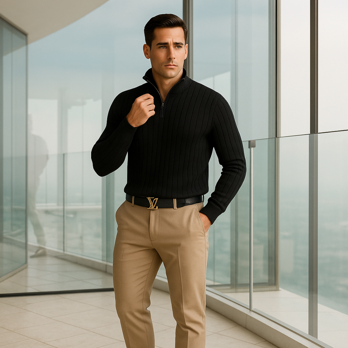Men's Ribbed Knit Sweater with Half Zip Collar | R&B