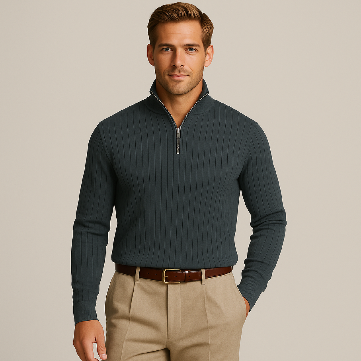 Men's Ribbed Knit Sweater with Half Zip Collar | R&B