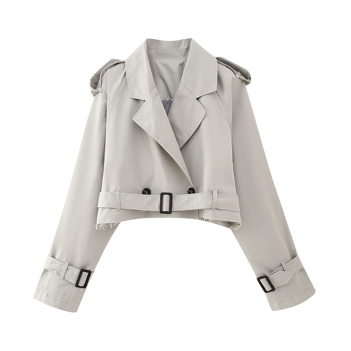 Cropped Jacket Women's with Belted Waist and Double Breasted Closure - Image 8