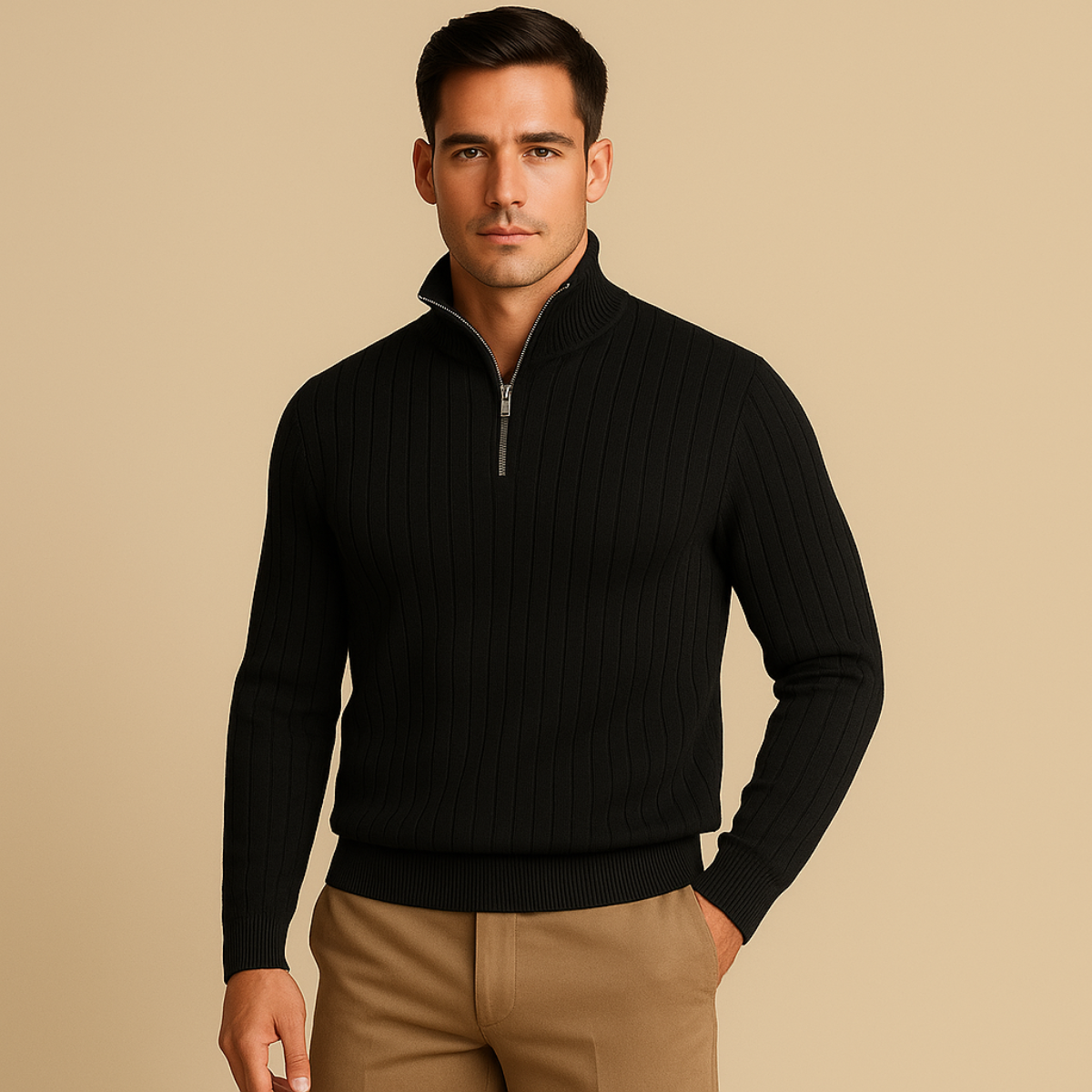Men's Ribbed Knit Sweater with Half Zip Collar | R&B