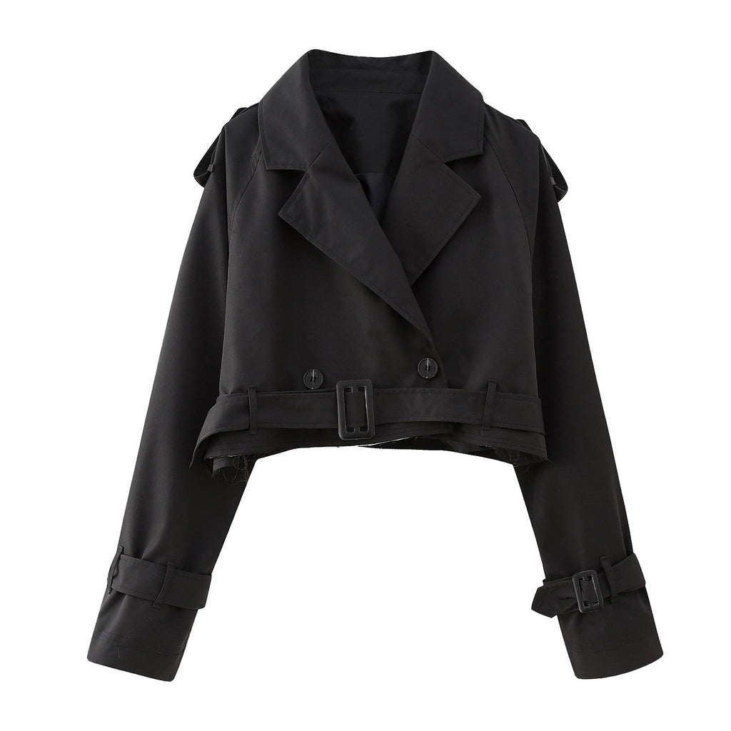 Cropped Jacket Women's with Belted Waist and Double Breasted Closure - Image 9