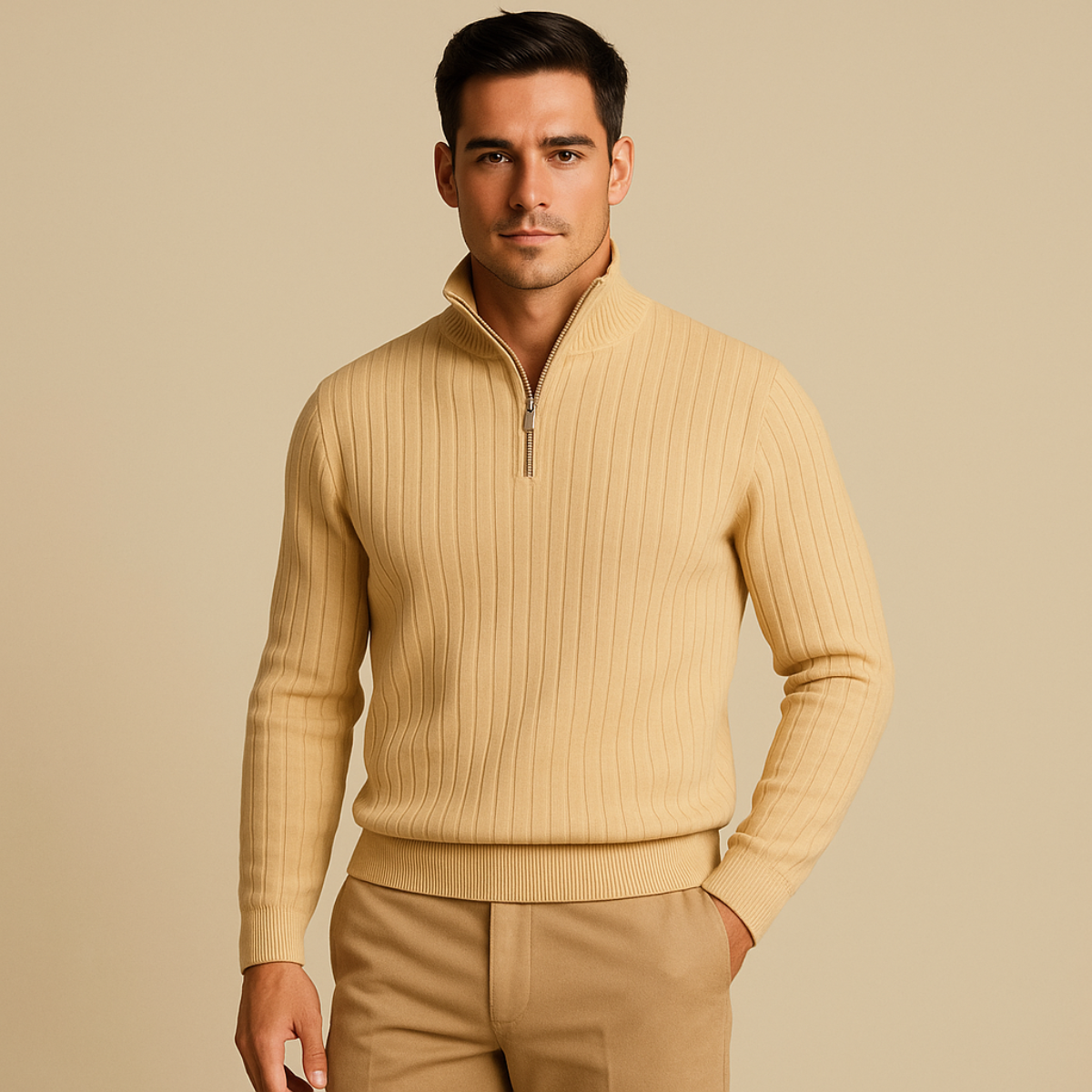 Men's Ribbed Knit Sweater with Half Zip Collar | R&B