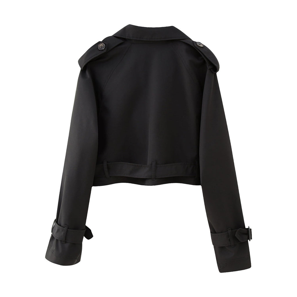 Cropped Jacket Women's with Belted Waist and Double Breasted Closure - Image 3