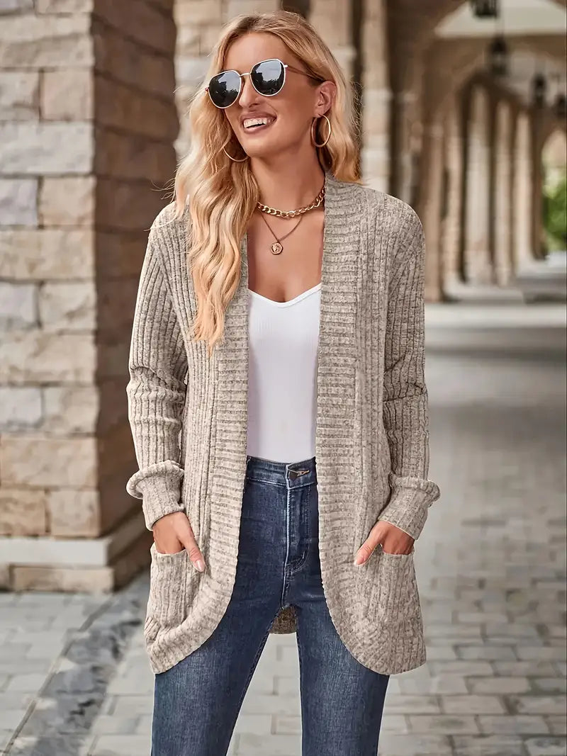 Cardigan Women's Open Front with Pockets and Ribbed Texture - Image 1