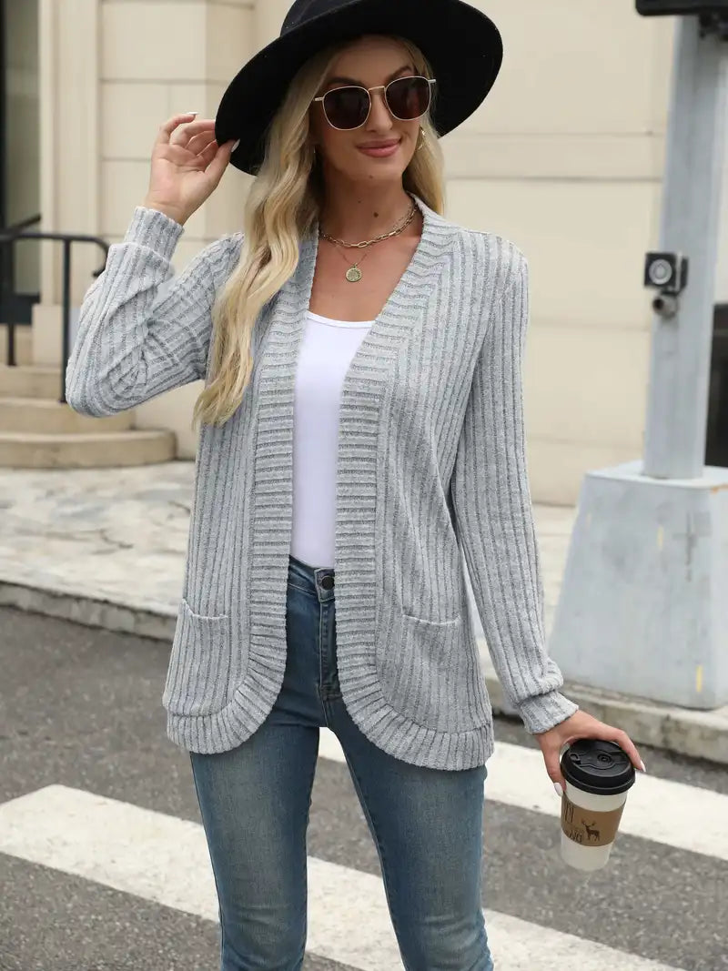 Cardigan Women's Open Front with Pockets and Ribbed Texture - Image 5