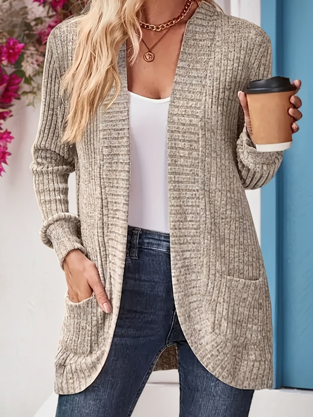 Cardigan Women's Open Front with Pockets and Ribbed Texture - Image 3