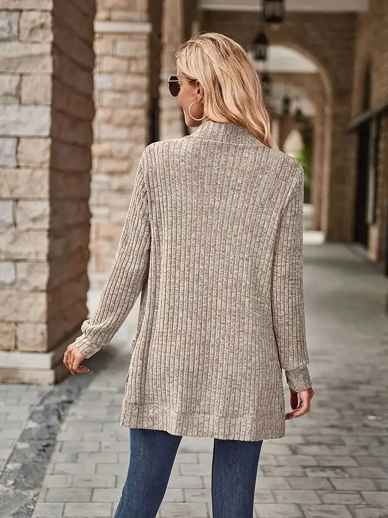 Cardigan Women's Open Front with Pockets and Ribbed Texture - Image 2