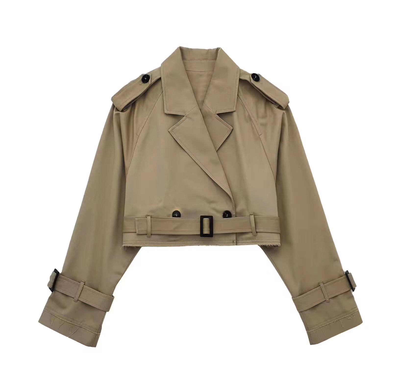 Cropped Jacket Women's with Belted Waist and Double Breasted Closure - Image 6