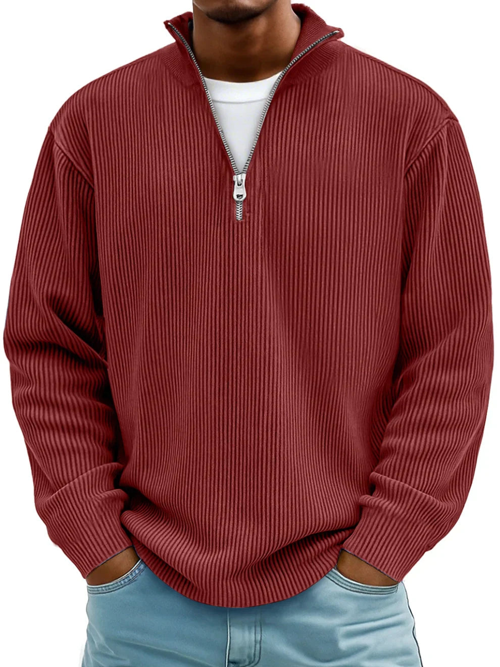 Men's Striped Half Zip Sweater with Mock Neck | R&B