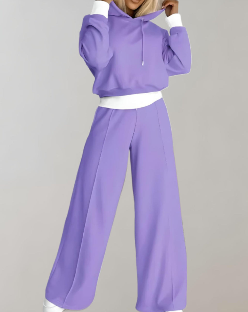 Two-Piece Set Women's Relaxed Fit Hoodie and Wide-Leg Pants with Contrast Trim - Image 2