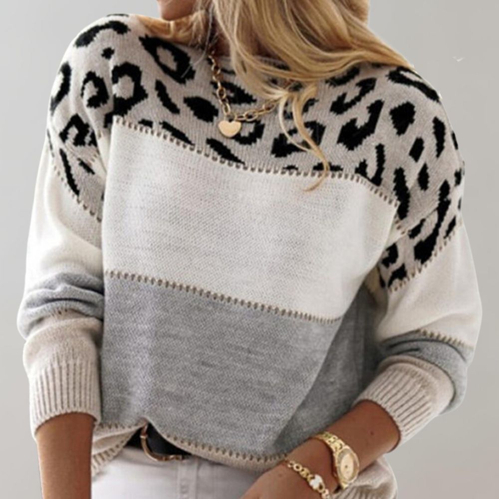 Women's Leopard Print Color Block Sweater with Relaxed Fit | R&B