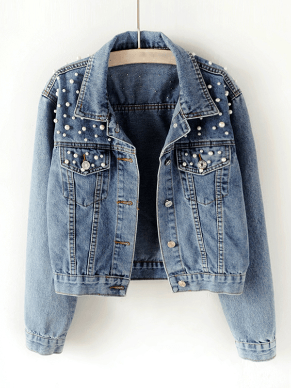 Denim Jacket Women's with Pearl Accents and Button Closure - Image 2