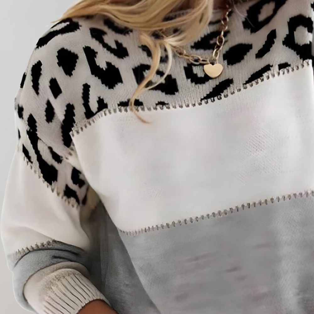 Women's Leopard Print Color Block Sweater with Relaxed Fit | R&B