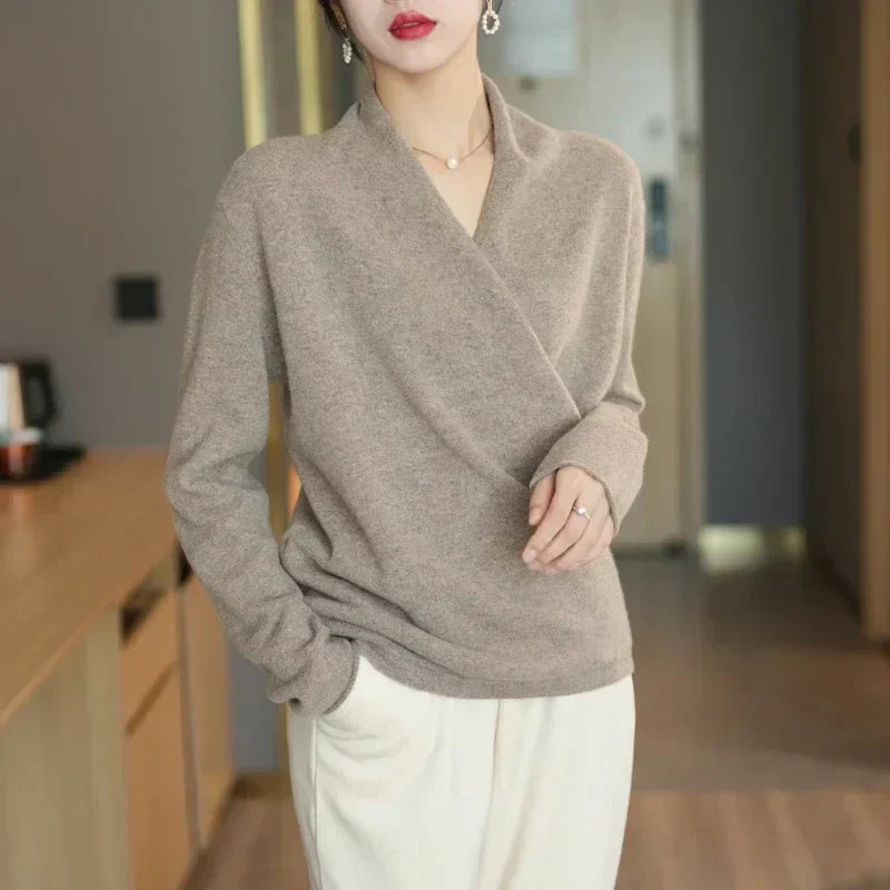 Elegant Women's Wool Wrap Sweater with Soft V Neck | R&B