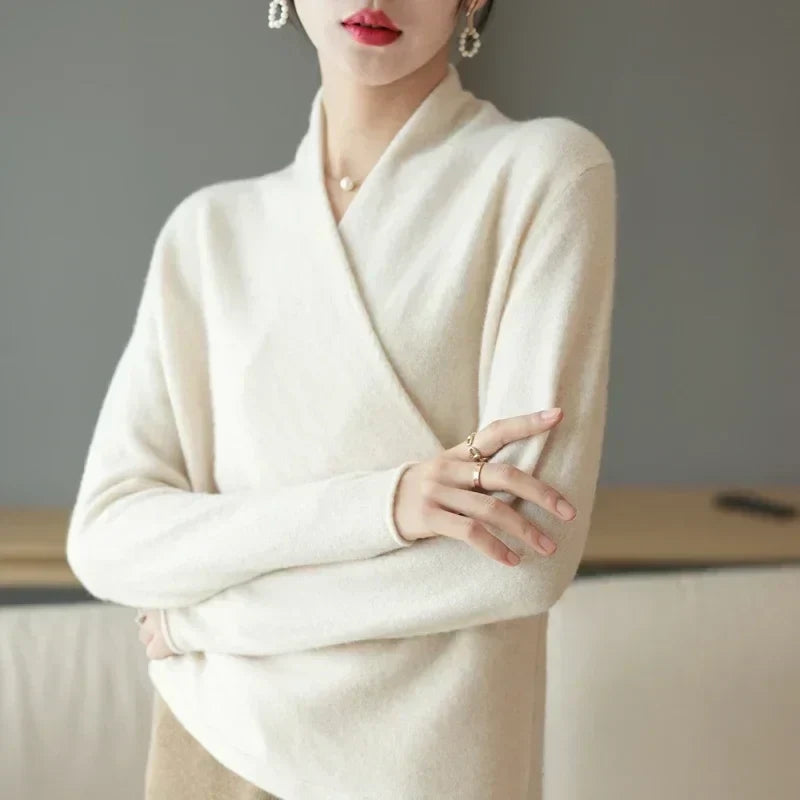 Elegant Women's Wool Wrap Sweater with Soft V Neck | R&B