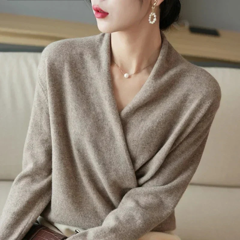 Elegant Women's Wool Wrap Sweater with Soft V Neck | R&B