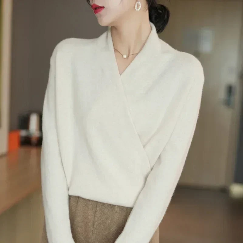 Elegant Women's Wool Wrap Sweater with Soft V Neck | R&B