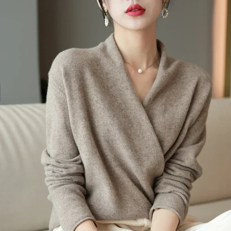 Elegant Women's Wool Wrap Sweater with Soft V Neck | R&B