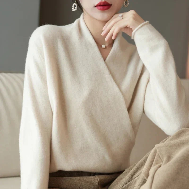 Elegant Women's Wool Wrap Sweater with Soft V Neck | R&B