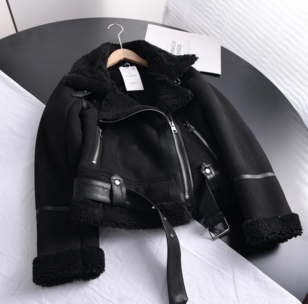 Biker Jacket Women's with Faux Fur Collar and Zip Closure - Image 9