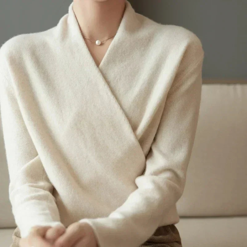 Elegant Women's Wool Wrap Sweater with Soft V Neck | R&B