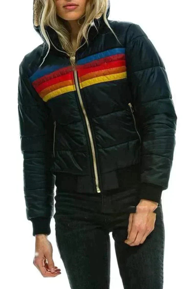 Puffer Jacket Women's Colorful Striped Design with Hood - Image 3