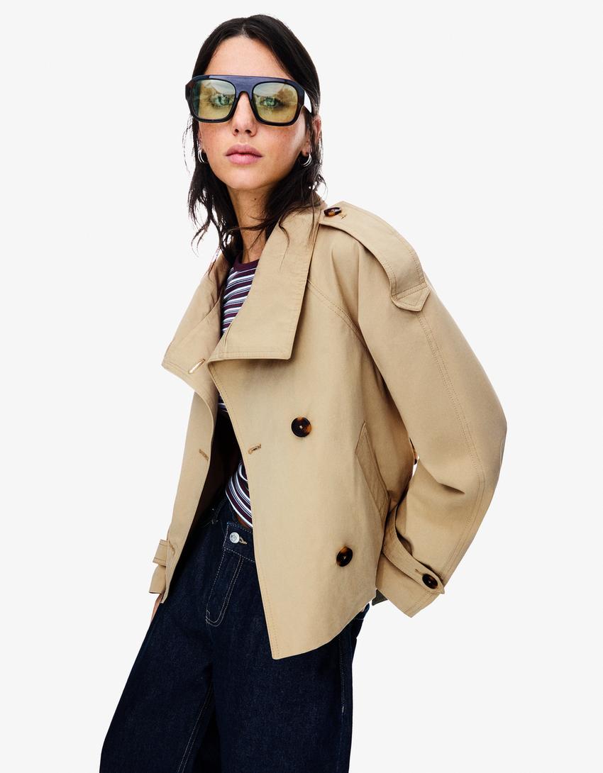 Women's Double Breasted Short Trench Coat with Belt | R&B