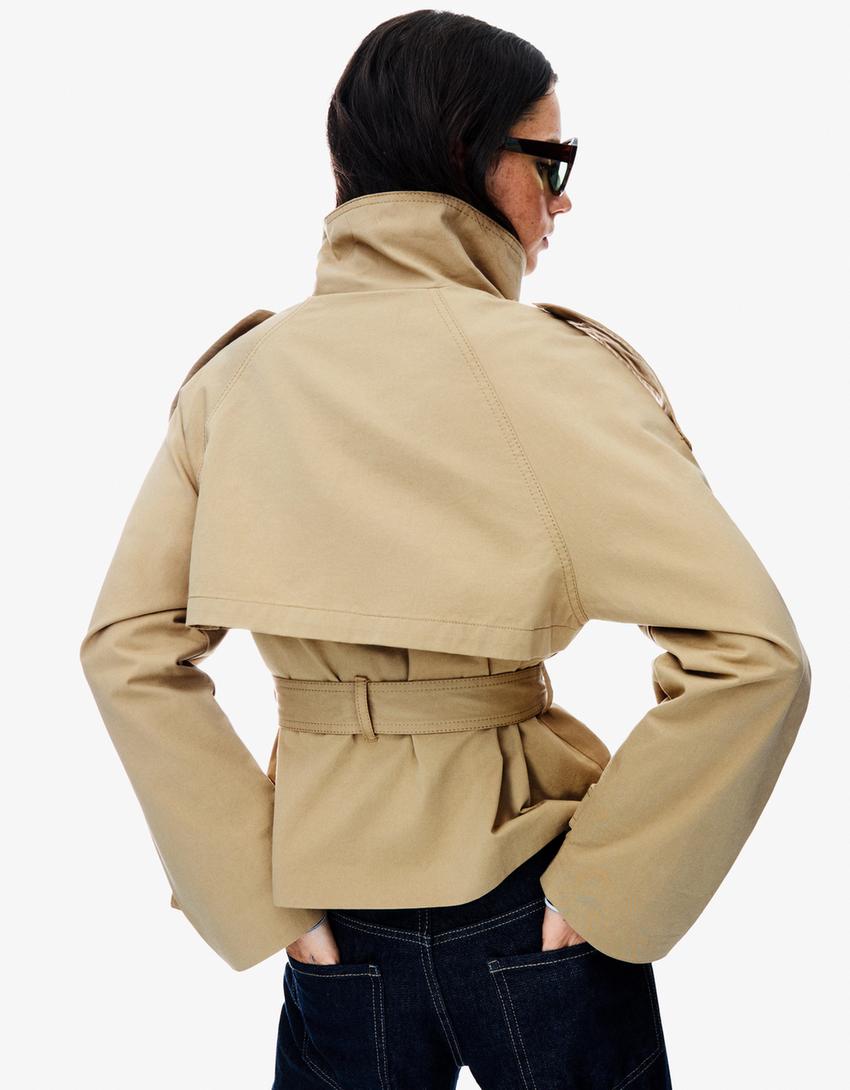Women's Double Breasted Short Trench Coat with Belt | R&B