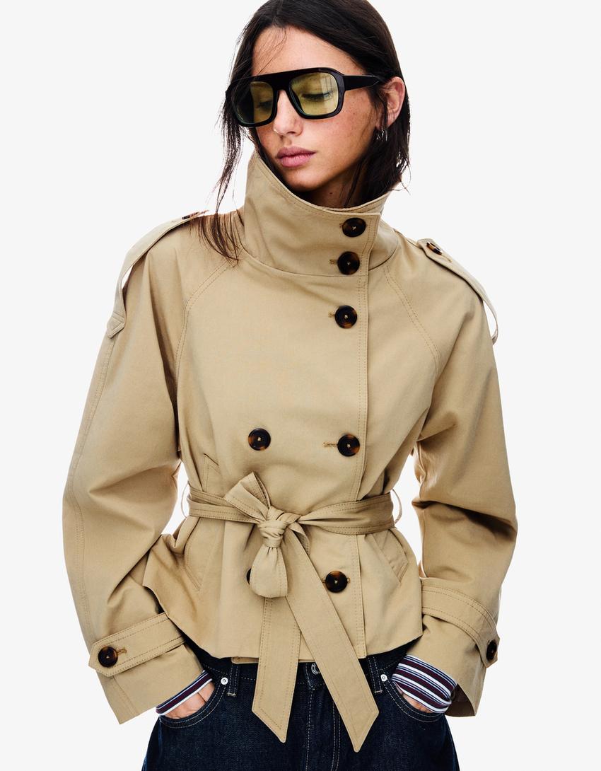 Women's Double Breasted Short Trench Coat with Belt | R&B