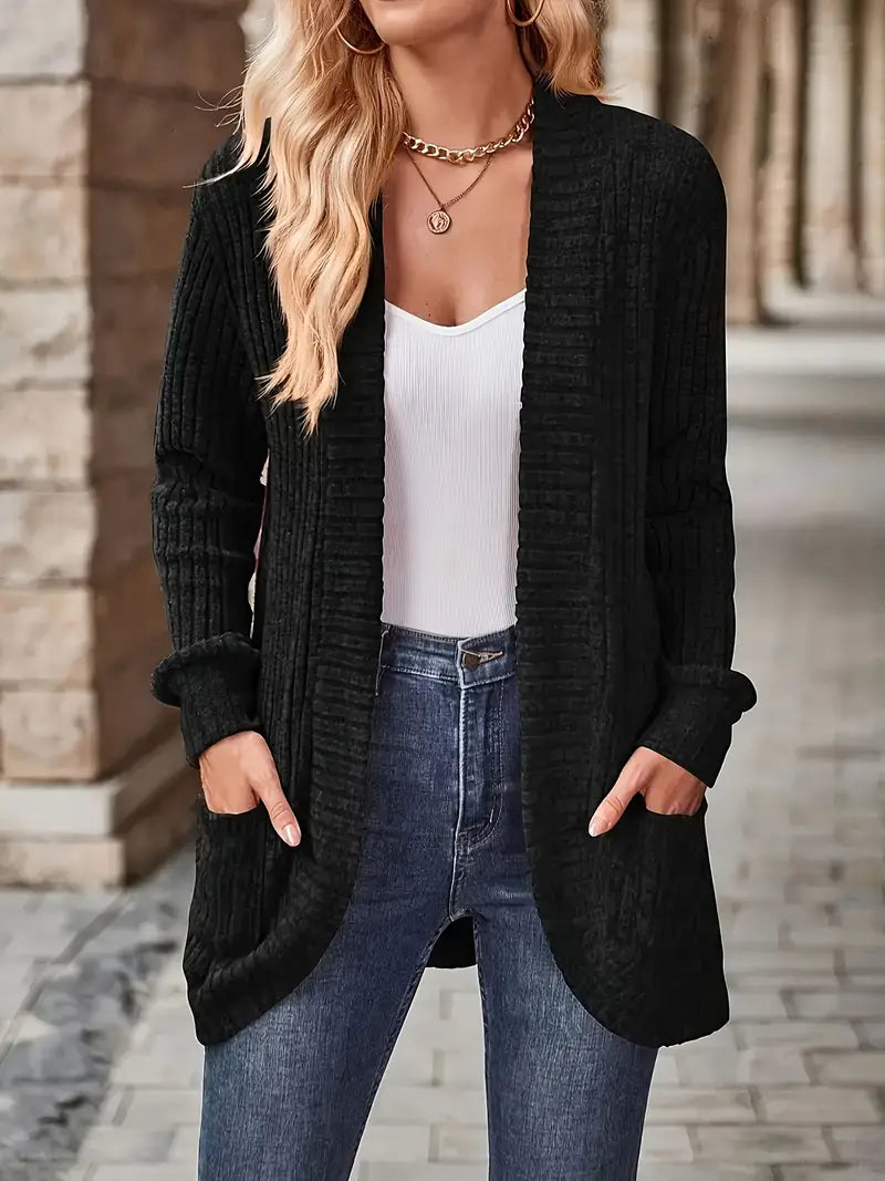 Cardigan Women's Open Front with Pockets and Ribbed Texture - Image 6