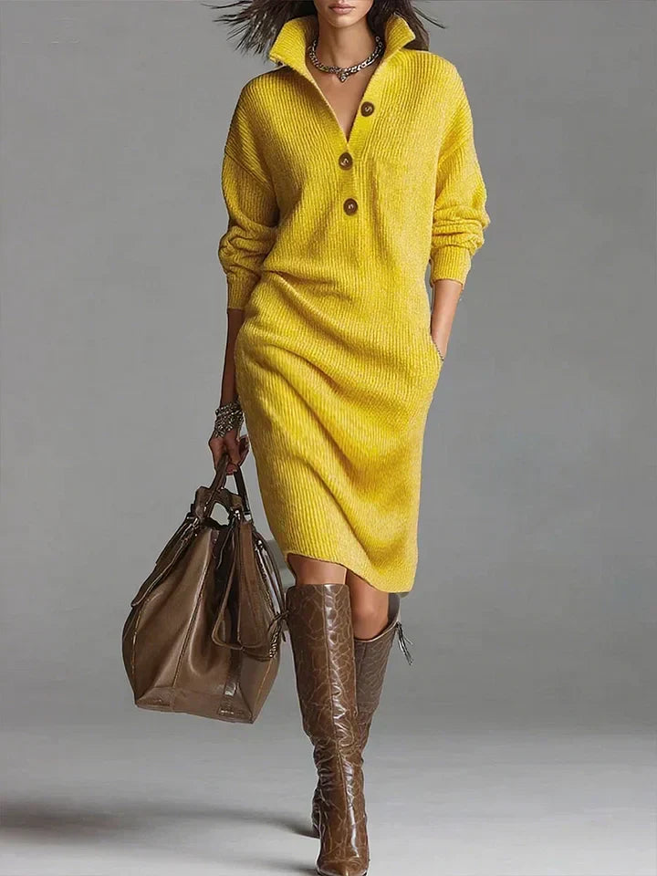 Dress Women's Ribbed Knit with Button Detail and Pockets - Image 1