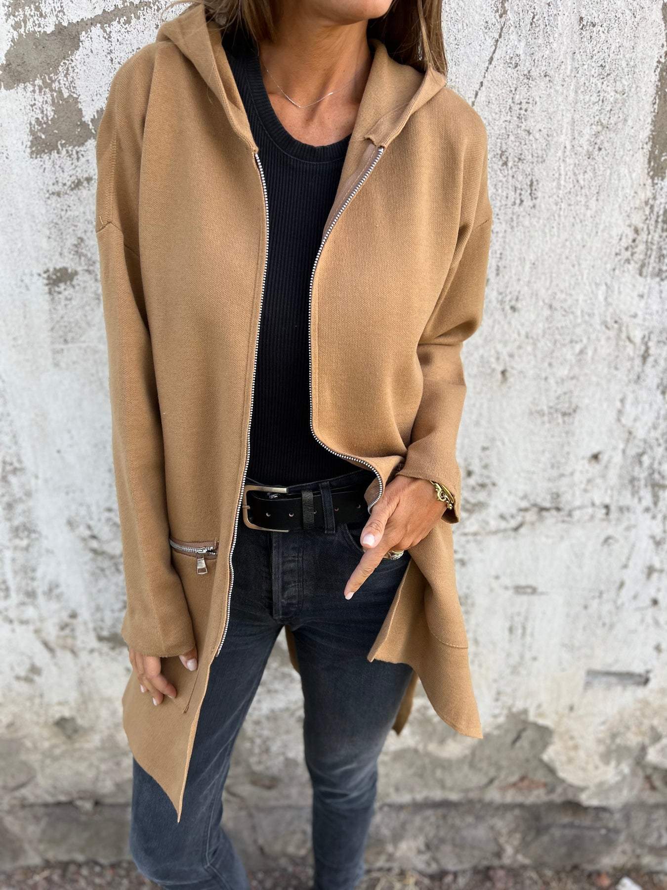 Hooded Jacket Women's Longline Cut with Zipper Pockets - Image 7