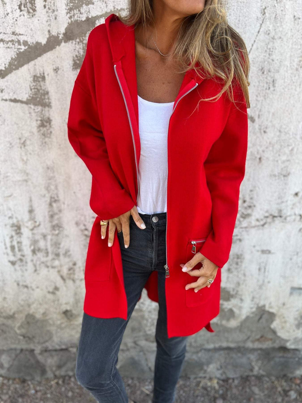 Hooded Jacket Women's Longline Cut with Zipper Pockets - Image 2