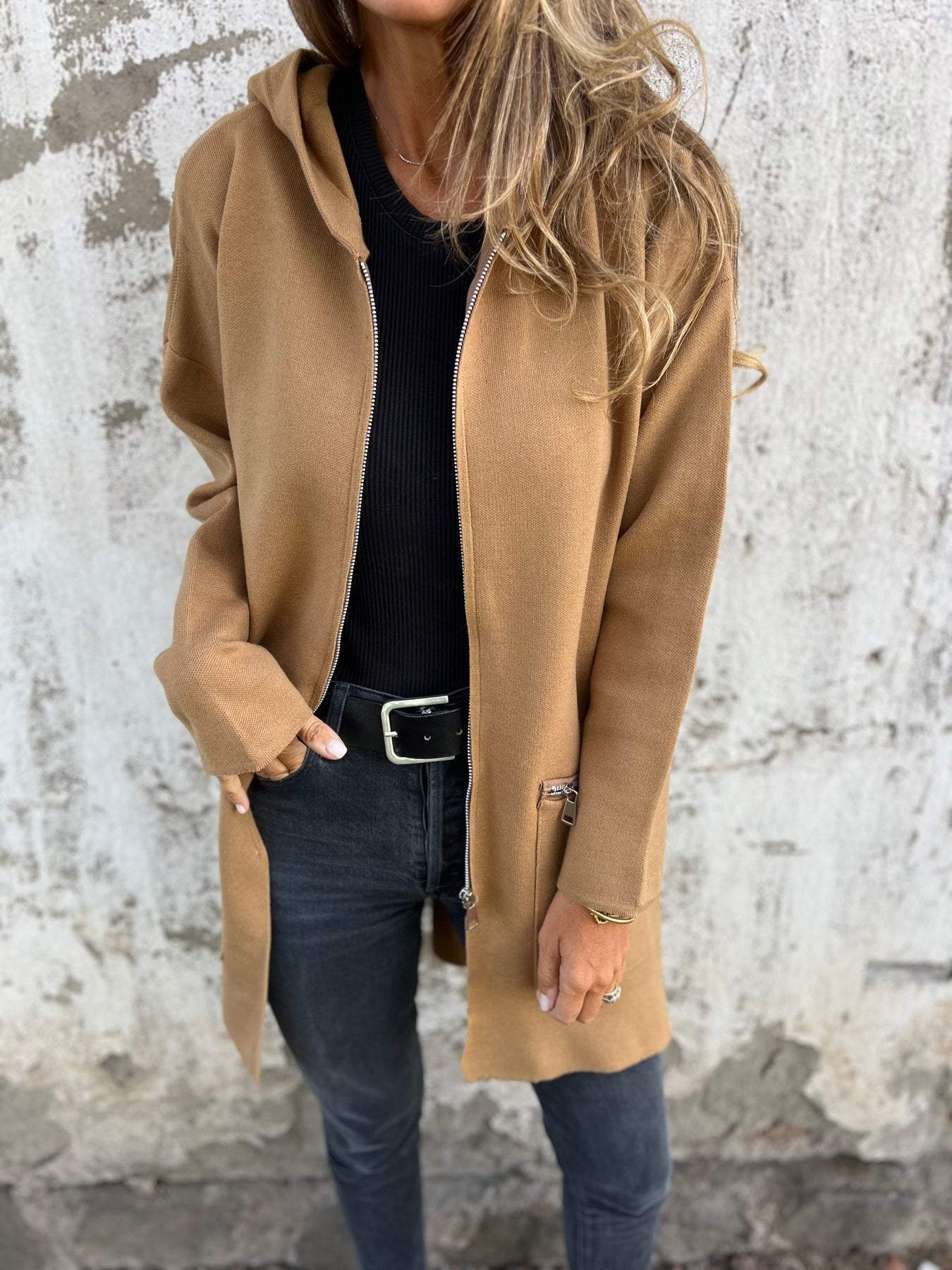 Hooded Jacket Women's Longline Cut with Zipper Pockets - Image 6