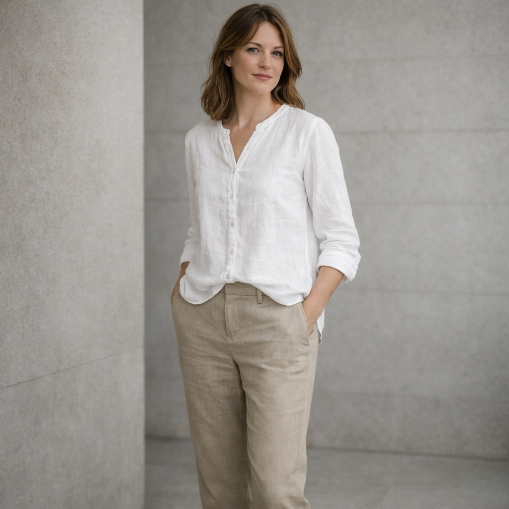 White Linen-Style Button-Up Shirt with Grandad Collar
